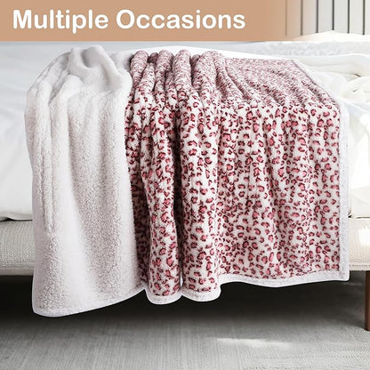 Electric Heated Blanket Throw 50"×60" with 6 Heating Levels &3 Hours Auto Off, Heating Double Sided Plush Sherpa, Fast Heating, Machine Washable Leopard Print Pink & White