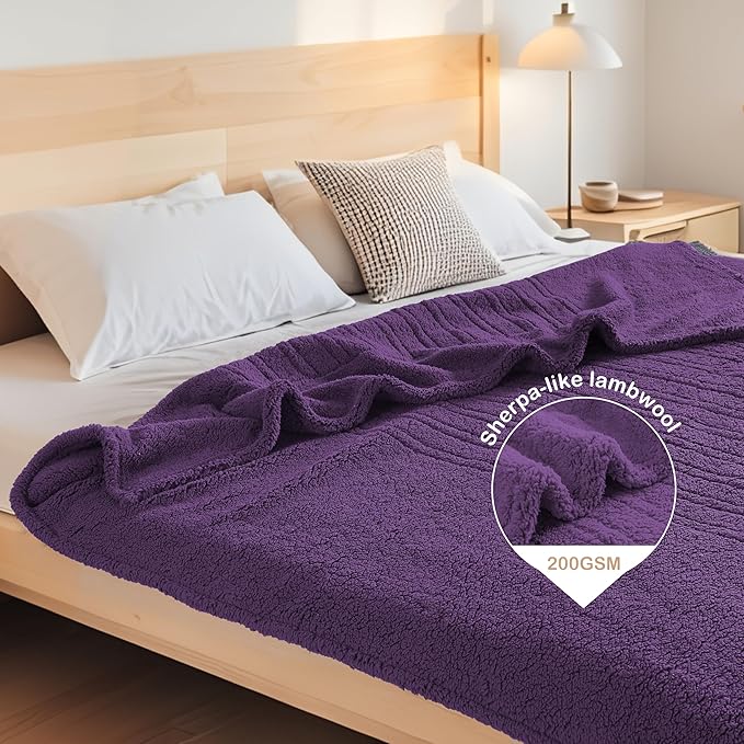 Electric Heated Blanket Twin Size 62"×84" with 6 Heating Levels & 1-10Hs Auto Off, Heating Blanket Double Sided Plush Sherpa, Fast Heating, Machine Washable for Christmas Gift - Dark Purple