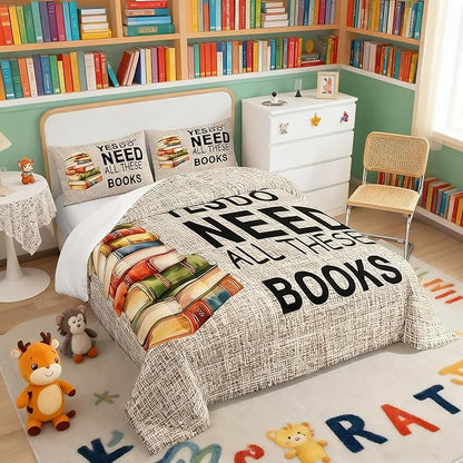 Castle Fairy Teens Books Pattern Comforter Set Queen Size,Book Lover Bedding Set for Kids Boys Girls Bedroom Decoration,Book Bed Duvet Insert,Watercolor Comforter with 2 Pillowcases