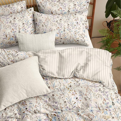 Floral Duvet Cover Queen Size Beige Striped Bedding Set with Purple Flowers 3 Pieces Kids Boys Girls Botanical Garden Style Stripe Reversible Fall Soft Microfiber Duvet Cover Set
