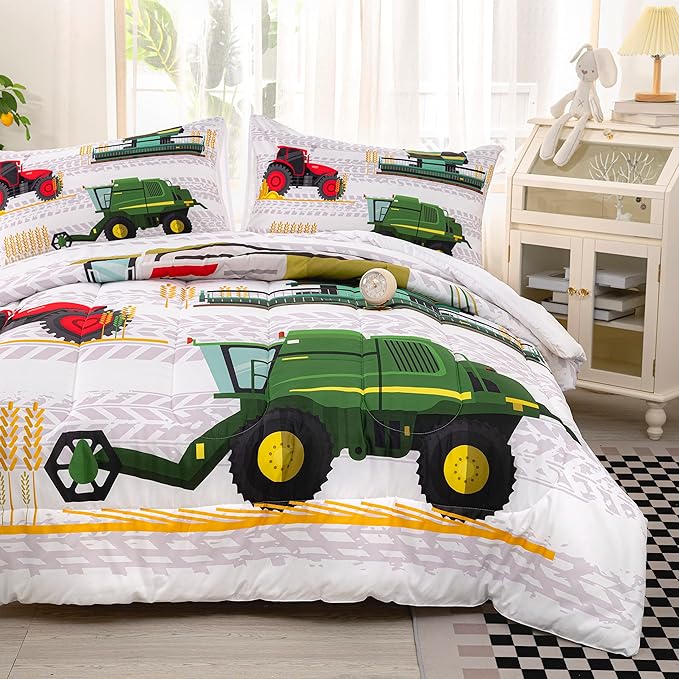 CVHOUSE Tractor Bedding Sets for Boys,Excavators Comforter Queen,Boys Cartoon Truck Comforter Set,Trucks Tractors Cars Quilt Set with 1 Comforter and 2 Pillow Cases- 3 Piece