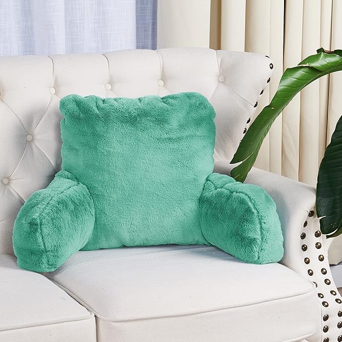 Home Soft Things Fox Faux Fur Bedrest Reading Pillow with Handle and Side Pocket, Backrest Armrest Pillow Chair Back Support for Sitting up in Bed, Blue Turquoise, 20" x 18" x 17"