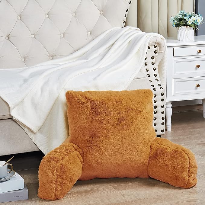 Home Soft Things Fox Faux Fur Bedrest Reading Pillow with Handle and Side Pocket, Backrest Armrest Pillow Back Support for Sitting up in Bed,20" x 18" x 17", Burnt Orange