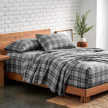 Bare Home Flannel Sheet Set Prints, 100% Cotton, Velvety Soft Heavyweight - Double Brushed Flannel for Extra Softness & Comfort - Deep Pocket - Bed Sheets (Twin, Stirling Plaid - Grey/White)
