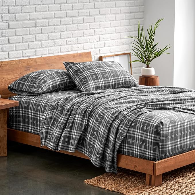 Bare Home Flannel Sheet Set Prints, 100% Cotton, Velvety Soft Heavyweight - Double Brushed Flannel for Extra Softness & Comfort - Deep Pocket - Bed Sheets (Split King, Stirling Plaid - Grey/White)