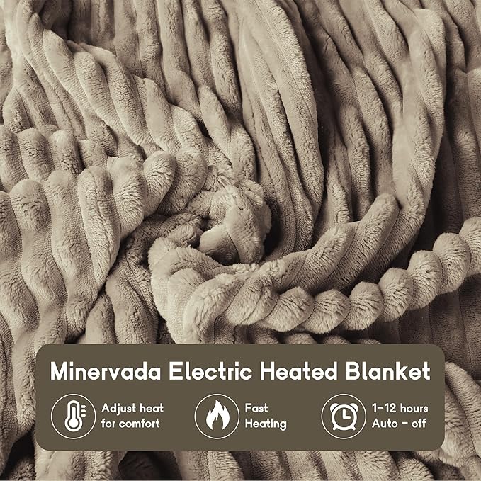 Heated Electric Blanket Queen Size 84''x90'', Dual Controller Soft Flannel with 10 Heat Settings 1-12 Hour Auto Off Large Blanket for Bed - Light Brown