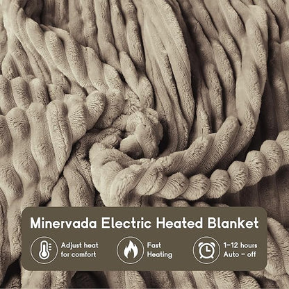 Heated Electric Blanket Queen Size 84''x90'', Dual Controller Soft Flannel with 10 Heat Settings 1-12 Hour Auto Off Large Blanket for Bed - Light Brown