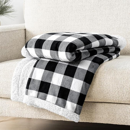 PAVILIA Black and White Buffalo Plaid Sherpa Throw Blanket for Couch, Plush Checkered Fleece Blanket and Throws, Soft Fuzzy Flannel Blanket for Sofa Bed, Warm Cozy Winter Blanket Gift, 50x60