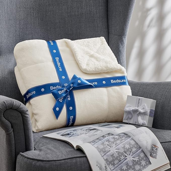 Bedsure GentleSoft Sherpa Fleece Blankets Queen Size for Bed - Thick and Warm Throw for Women and Men, Soft Fuzzy Plush Queen Blanket for Winter, Cream, 90x90 Inches