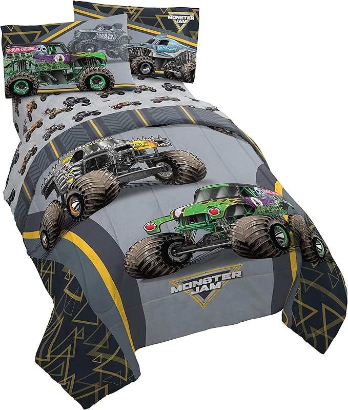 Jay franco Monster Jam MJ Life 5 Piece Full Bed Set-Includes Reversible Comforter&Sheet Set-Bedding Features Grave Digger, Max-D, Megalodon-Super Soft Microfiber-(Official Monster Jam Product)