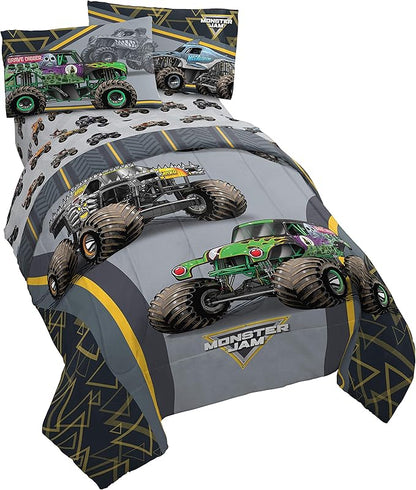 Jay franco Monster Jam MJ Life 5 Piece Full Bed Set-Includes Reversible Comforter&Sheet Set-Bedding Features Grave Digger, Max-D, Megalodon-Super Soft Microfiber-(Official Monster Jam Product)