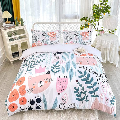 CVHOUSE Cat Duvet Cover Set, Cartoon Cat Comforter, King Size, 3 Piece Set (1 Quilt Cover, 2 Pillowcases)