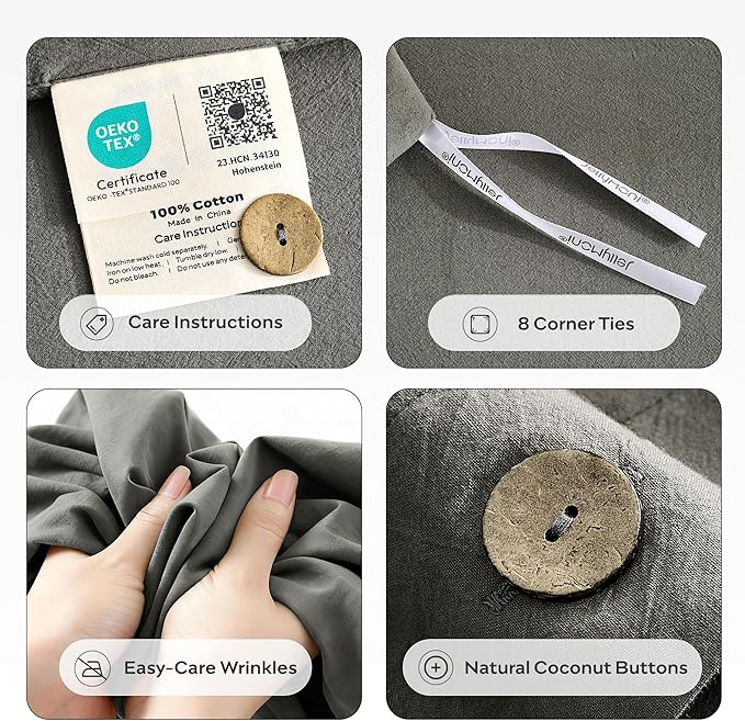 JELLYMONI 100% Washed Cotton Duvet Cover Full – Soft, Breathable Linen-Look Bedding with Natural Wrinkle Texture, Button Closure, 3-Piece Set (Dark Grey, 80"x90")