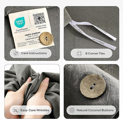 JELLYMONI 100% Washed Cotton Duvet Cover Twin – Soft, Breathable Linen-Look Bedding with Natural Wrinkle Texture, Button Closure, 3-Piece Set (Dark Grey, 68"x90")