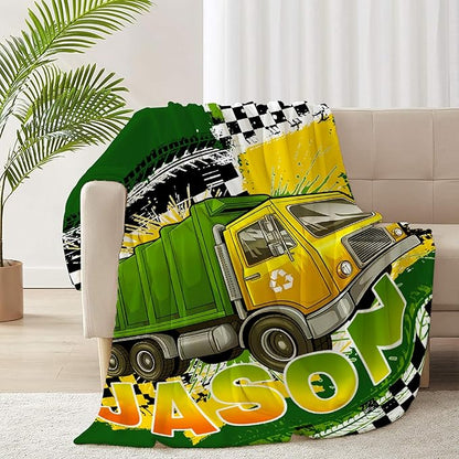 Custom Garbage Truck Blanket, Personalized Truck Gifts for Kids, Car Themed Flannel Blankets with Name, Soft Cozy Lightweight Throws Gifts for Truck Lovers & Boys 40 x 30 Inch for Baby
