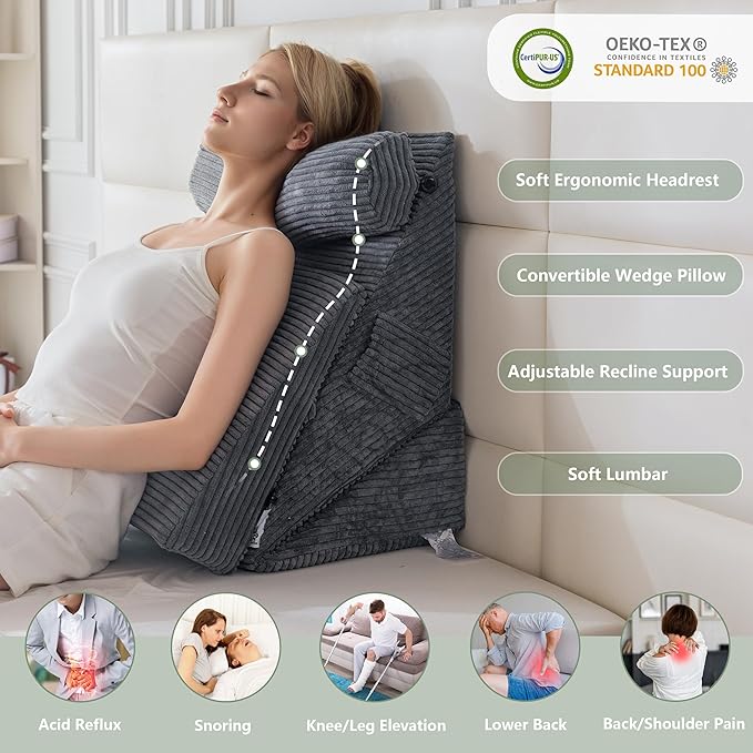 HIGOGOGO 10PCS Orthopedic Bed Wedge Pillow Set – Adjustable Soft Foam Body Positioners for After Surgery Recovery, Back & Leg Pain Relief, Sitting Up in Bed, Acid Reflux & GERD, Dark Grey