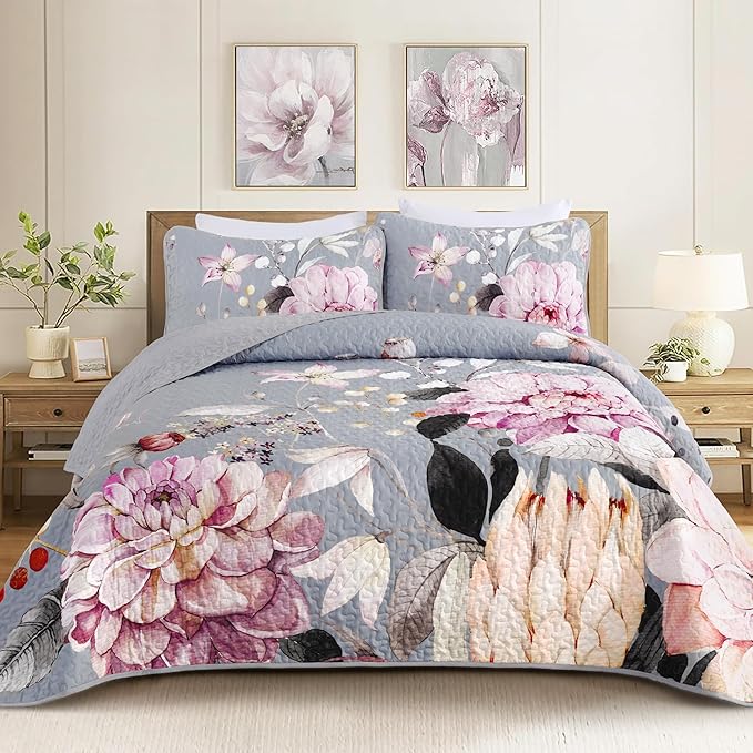 Drucon Floral Quilt Queen Size - 3 Pieces Grey Quilt Botanical Bedspread Soft Lightweight Flower Bedding Set for All Season (96"x90")