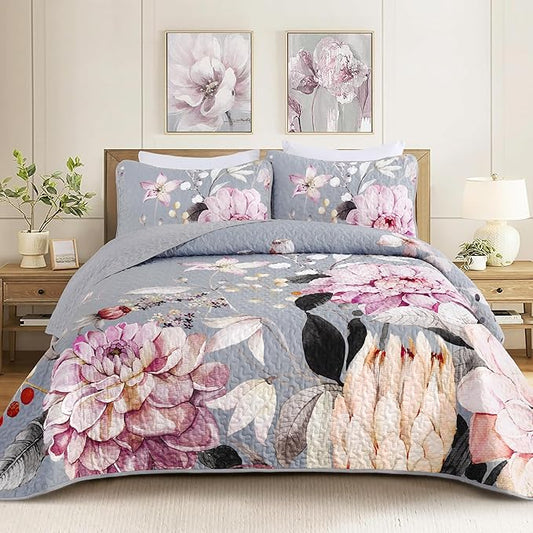 Drucon Floral Quilt Queen Size - 3 Pieces Grey Quilt Botanical Bedspread Soft Lightweight Flower Bedding Set for All Season (96"x90")