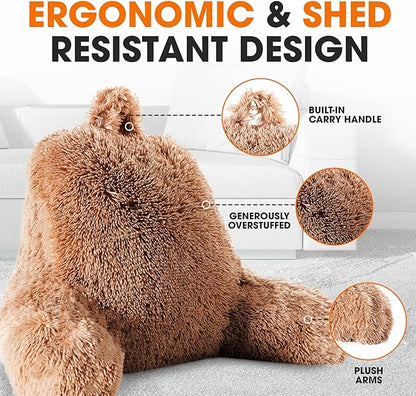 Cheer Collection Fluffy Reading Pillow Chair - Shaggy Hair Chair Pillow with Arms for Bed & Couch, Taupe
