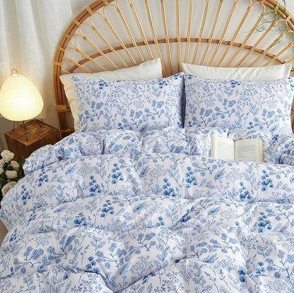 Blue Floral Duvet Cover Full Size Botanical Romantic Flower Bedding Set Kids Girls Women Spring Aesthetic Reversible Leaves Soft Breathable Microfiber Comforter Cover 3Pcs with 2 Pillowcases