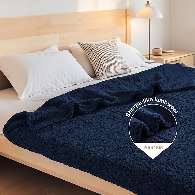 Electric Heated Blanket Throw Size 50"×60" with 6 Heating Levels & 3 Hours Auto Off, Heating Blanket Double Sided Plush Sherpa, Fast Heating, Machine Washable for Christmas Gift - Dark Blue