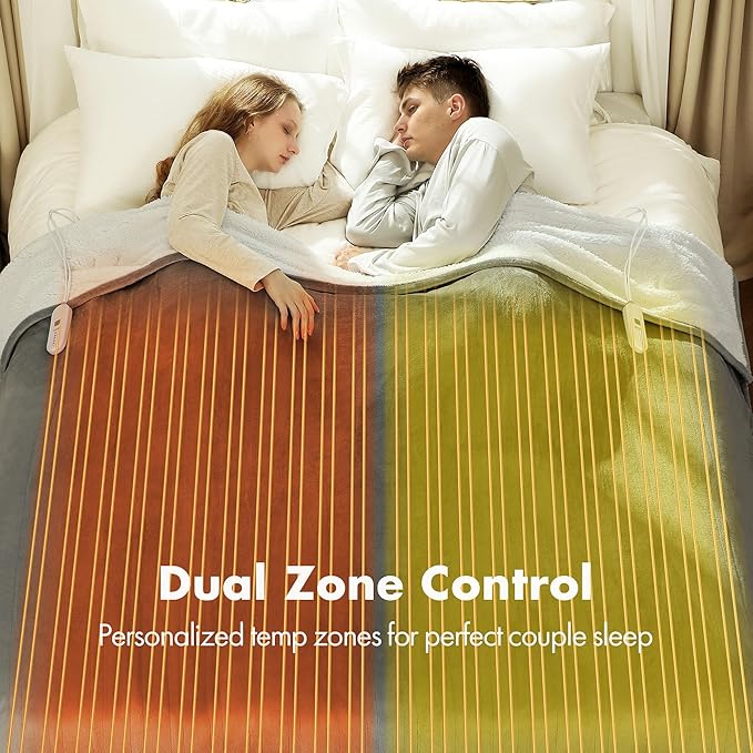 Queen Electric Blanket 84" x 90" - Flannel Sherpa Warm Heated Blanket Queen Size with Dual Control, 5 Heating Levels & 10 Hours Auto Off, Heating Blanket with Overheat Protection (White)