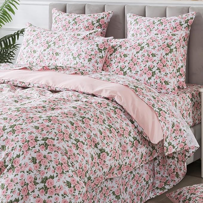 FADFAY Duvet Cover Set Twin Pink Rose Floral Bedding Vintage Peony Flower Quilt Cover Set Shabby Farmhouse Bedding 100% Cotton Ultra Soft Comforter Cover with Hidden Zipper Closure 3Pcs, Twin Size