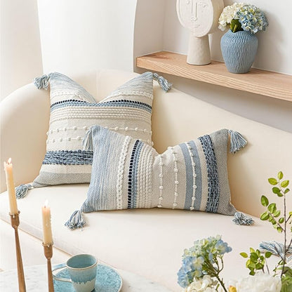 BlissBlush Coastal Blue Boho Decorative Throw Pillow Cover 20x20 Modern Bohemian Accent Pillow Case Square Woven Textured Farmhouse Pillows for Couch Bed (Pack of 1)