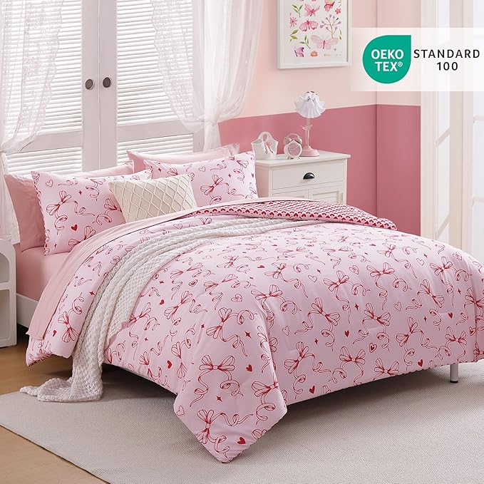 Queen Comforter Set for Girls, Red Bow Bedding Set Reversible with Cute Heart, All Season Kids Bed in a Bag 7 Pieces with Sheets, Pillowcases & Shams