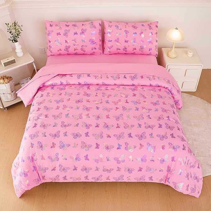 MWMWMW 5 PCS Pink Butterfly Comforter Set Queen, Girls Butterfly Bedding Set Queen, Girls Pink Comforter Sets with 1 Comforter, 1 Flat Sheet, 1 Fitted Sheet & 2 Pillowcases