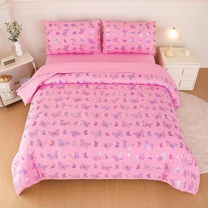 MWMWMW 5 PCS Pink Butterfly Comforter Set Queen, Girls Butterfly Bedding Set Queen, Girls Pink Comforter Sets with 1 Comforter, 1 Flat Sheet, 1 Fitted Sheet & 2 Pillowcases