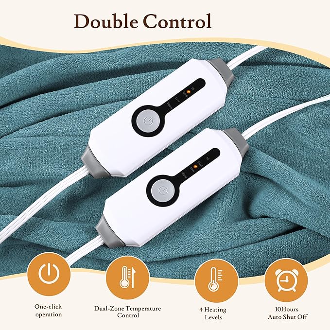 Electric Heated Blanket 90"x100" King Size - 4 Heat Settings & Dual Controllers, 10H Auto Shut Off, Ultra-Soft Coral Fleece Heated Blanket with Overheat Protection, Teal