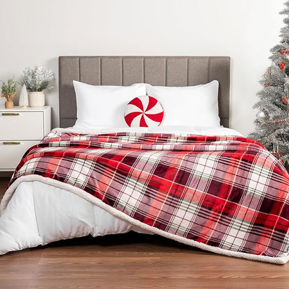 PAVILIA Red Green Christmas Plaid Sherpa Throw Blanket, Holiday Fleece Blanket 50" x 60", Soft Flannel Plush Throw for Couch, Sofa & Bed, Festive Winter Home Decor, Cozy