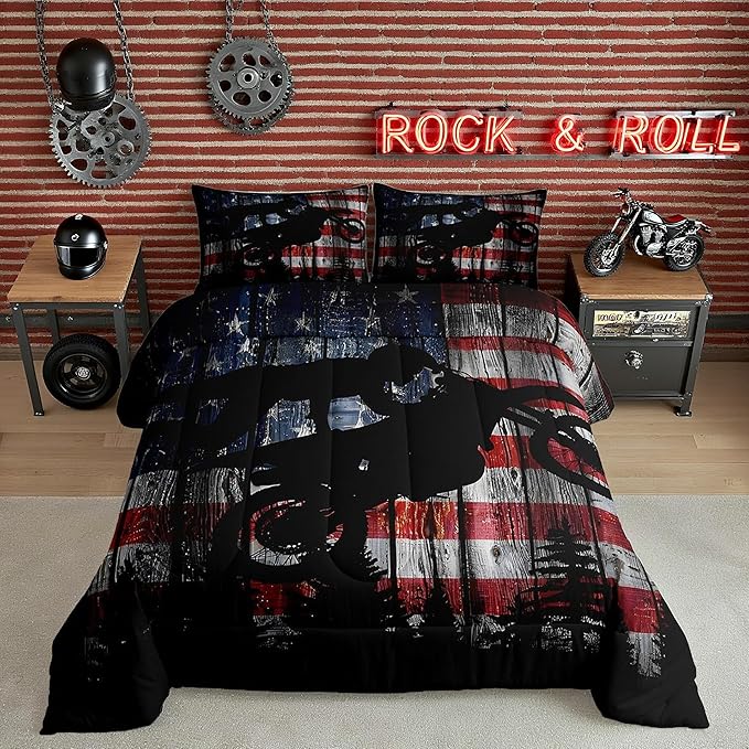 American Flag Comforter Set King Size Boys Dirt Bike Racing Motocross Rider Bedding Set Kids Teens Men Rustic Farmhouse Wooden Quilt Set Retro Black Pine Tree Silhouette Duvet Insert 3pcs