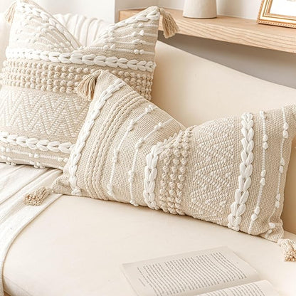 BlissBlush Decorative Lumbar Pillow Cover 14x24, Cream White Boho Accent Throw Pillow Case for Couch Sofa Bed, Modern Farmhouse Textured Lumbar Cushion Bedroom Living Room, Cover ONLY