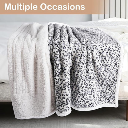 Electric Heated Blanket Throw 50"×60" with 6 Heating Levels &3 Hours Auto Off, Heating Double Sided Plush Sherpa, Fast Heating, Machine Washable Leopard Print Blue & White