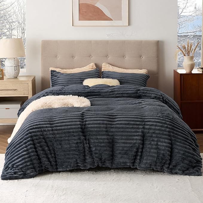 Bedsure Fluffy Duvet Cover Set - Ultra Soft Plush Shaggy Comforter Cover Queen Size, Warm Flannel Fleece Bed Sets for Winter, 3 Pieces (Striped Pattern, Dark Grey)
