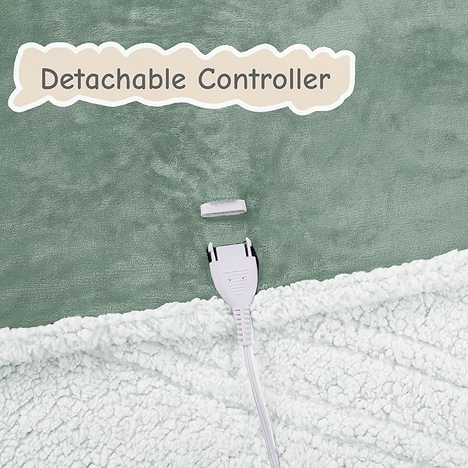 Electric Heated Blanket Queen Size 84"x90", Soft Flannel with Dual Controllers & Overheat Protection, 6 Adjustable Heat Settings & 10-Hour Auto-Off Timer, Fast Heating for Winter Comfort, Light Green