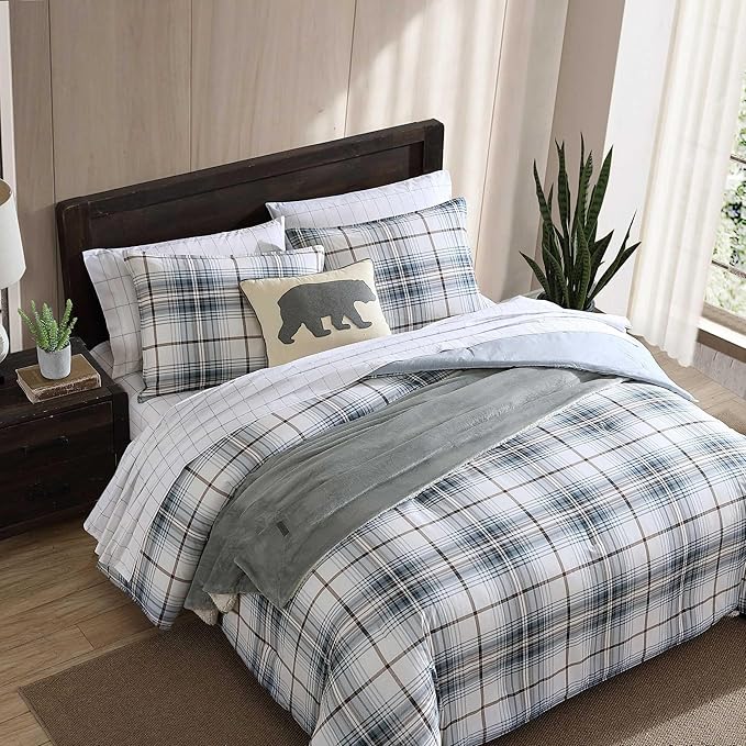 Eddie Bauer - King Comforter Set, Reversible Cotton Bedding with Matching Shams, Plaid Home Decor (Alder Blue/Grey, King)