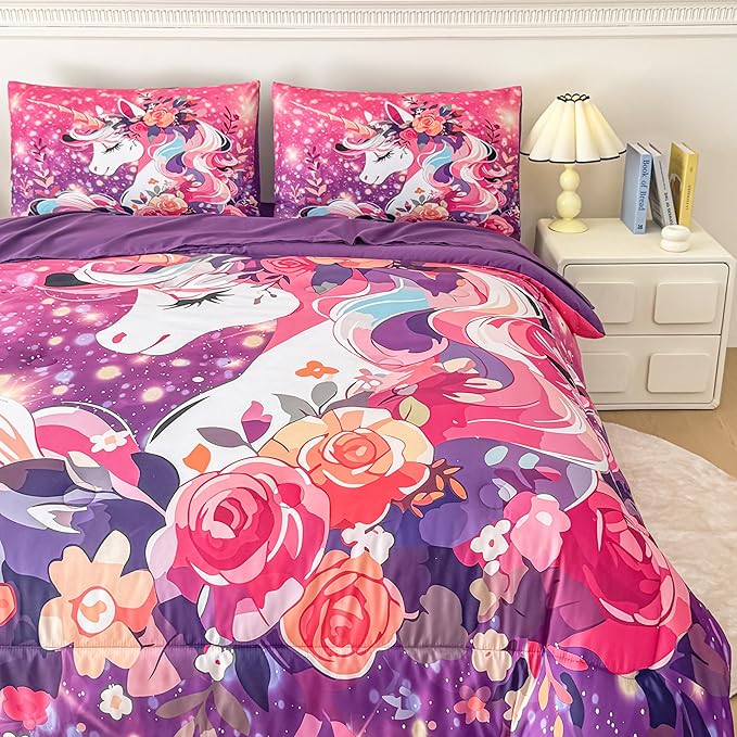 Peopleareok Unicorn Comforter Set Full for Girls, 5-Piece Bed in a Bag Cute Pink Purple Unicorn Print Bedding Set Full, Kids Cartoon Kawaii Comforter with Sheet Set