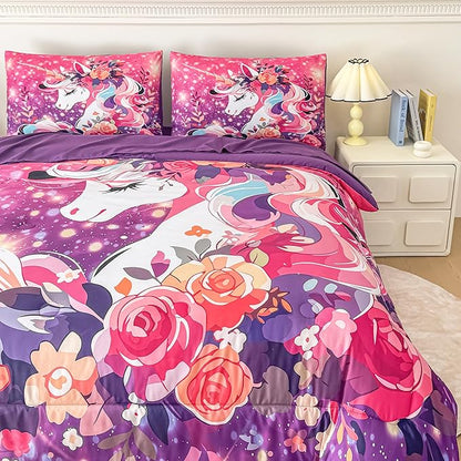 Peopleareok Unicorn Comforter Set Queen for Girls, 5-Piece Bed in a Bag Cute Pink Purple Unicorn Print Bedding Set Queen, Kids Cartoon Kawaii Comforter with Sheet Set