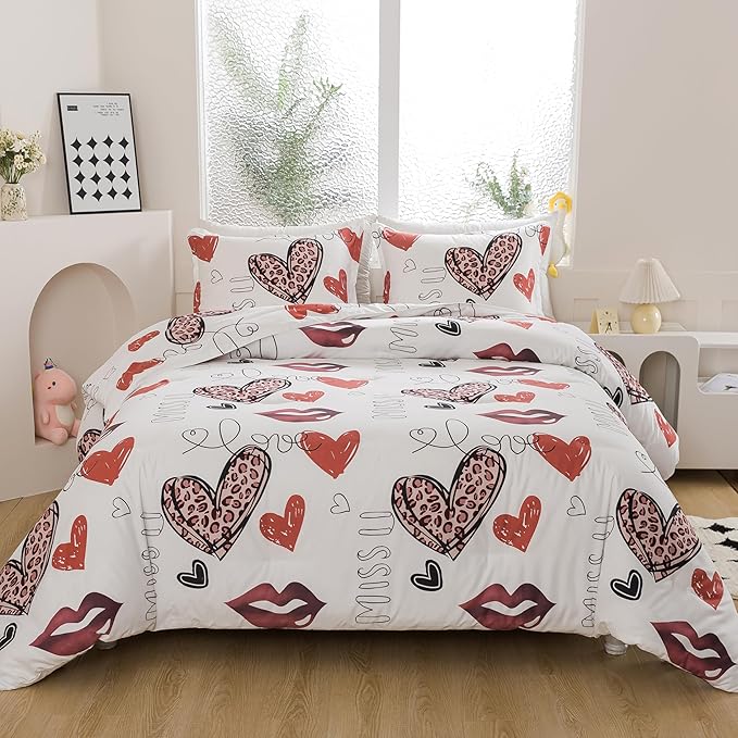 Caressma Heart Print Comforter Set Queen Size, Lips Print Love Teens Romantic Comforter Set for Girls, Red and Leopard Sexy Heart Pattern Bedding Comforter Set for Valentine's Day