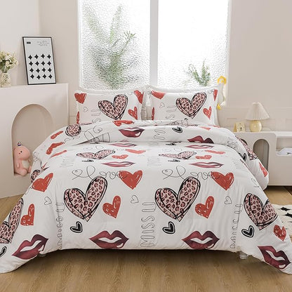 Caressma Heart Print Comforter Set Queen Size, Lips Print Love Teens Romantic Comforter Set for Girls, Red and Leopard Sexy Heart Pattern Bedding Comforter Set for Valentine's Day