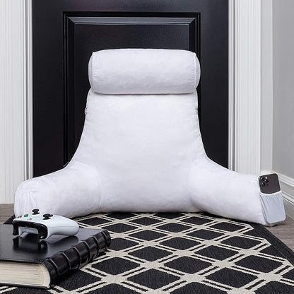 Husband Pillow Medium Aspen Edition White Dandelion, Sit Up Reading & Bed Rest with Arms, Ultra-Comfy, Detach Neck Roll - Premium Shredded Memory Foam Backrest, Reverses to Micro: Suede or Plush
