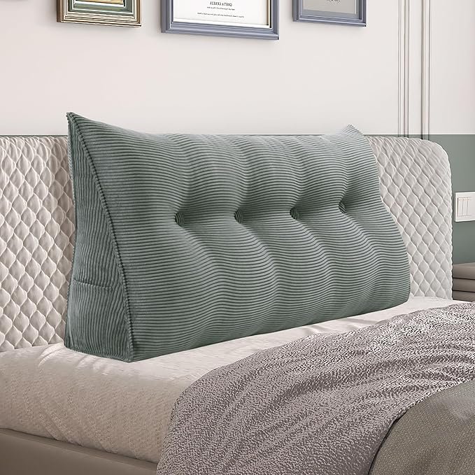 Daneey Headboard Pillow Full, Triangular Wedge Headboard Pillow with Soft Corduroy Fabric, Wedge Bed Backrest Pillow for Sitting Up, Reading or Working, Long Bolster Pillow with Removable Cover, Gray