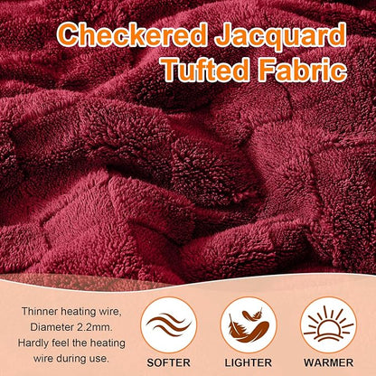 Electric Heated Blanket Queen Size Dual Control - Jacquard Checkered Sherpa 84"x90" Fast Heating Bed Blankets with 6 Heating Levels & 10 Hours Auto Off, Over-Heat Protection ETL, Red