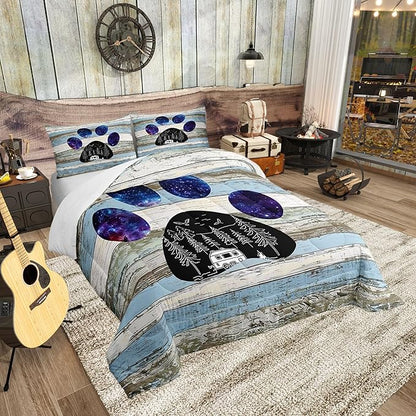 Castle Fairy Blue Plank Comforter Set Bear Print Bedding Set for Kids Girls Women Adults Happy Camping Comforter Rustic Farmhouse Quilted Duvet Set Bedroom Collection Twin Pink 2Pcs