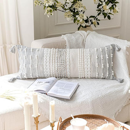 BlissBlush Gray Decorative Lumbar Pillow Cover 14x36, Boho Long Throw Pillow for Bed, Accent Lumbar Throw Pillow Case, Modern Farmhouse Textured Lumbar Cushion (Cover ONLY)
