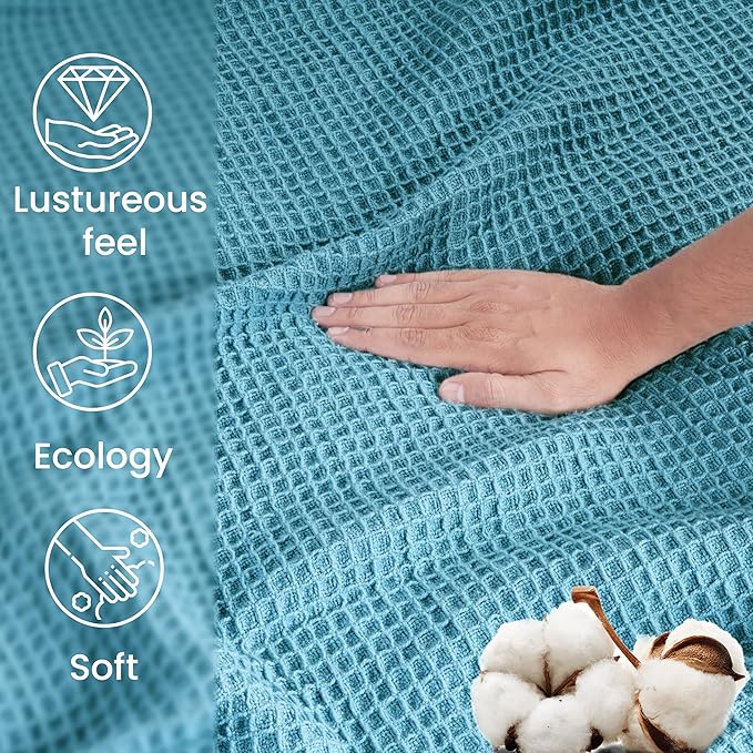 Tex Trend Waffle Blankets – 100% Cotton Blankets Queen Size – Breathable and Soft for Christmas – Suitable for Bed Layering, Sofa and Couch - Blue (90”x90”)