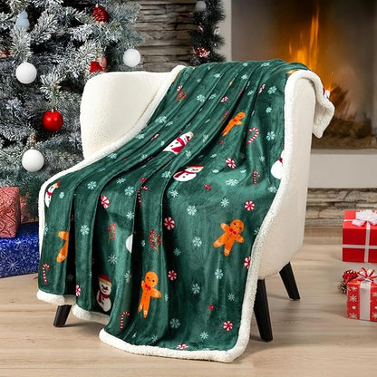 PAVILIA Green Christmas Sherpa Throw Blanket, Gingerbread Snowman Holiday Pattern, Soft Reversible Fleece & Sherpa 50x60 Winter Blanket for Couch & Bed, Cozy Christmas Decor